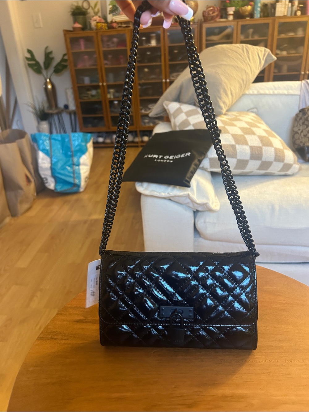 Kurt Geiger Black Patent Quilted Leather Wallet Crossbody Clutch